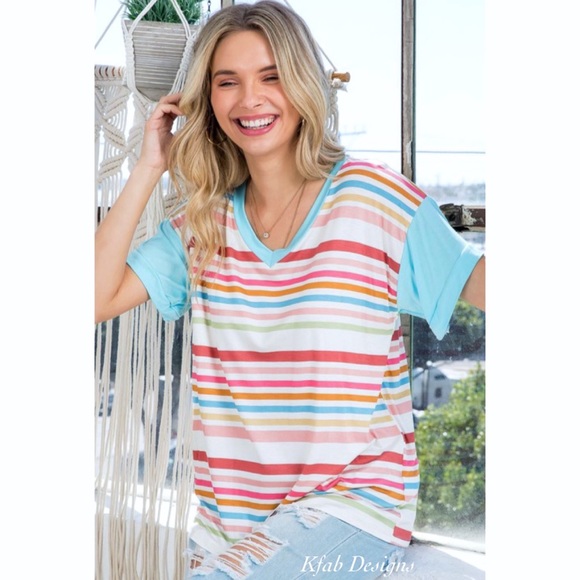 ❤️LAST! V Neck Super Soft Jersey Knit Multi Stripe Ruffle Sleeve Top! - Picture 8 of 11